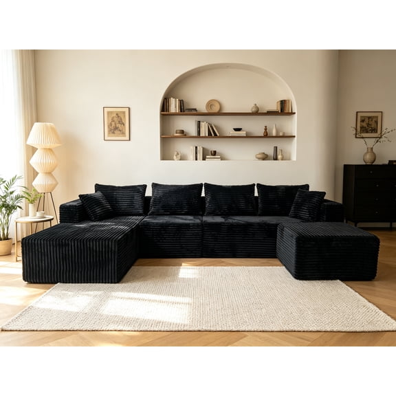 118" U-Shaped Corduroy Sectional Sofa, Modular Oversized U-Shaped Couch with Ottoman, Large Deep Seat Chaise Lounge for Living Room, Black