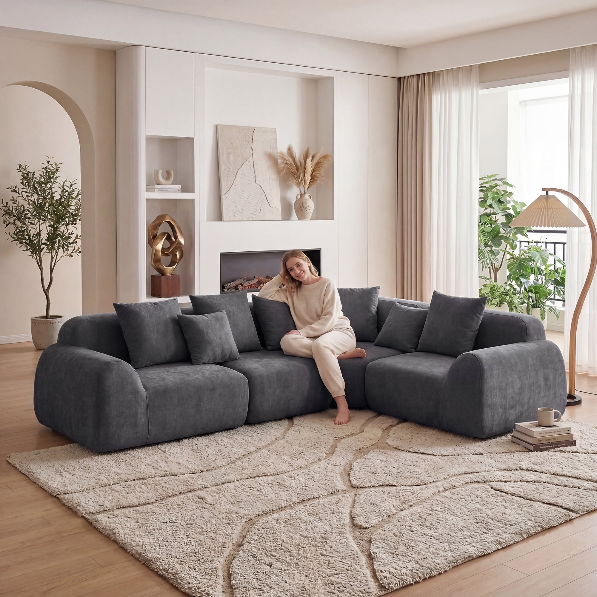 118" Wide Curved Velvet Modular Sectional Sofa, Oversized L-Shaped Cloud Couch with Memory Foam