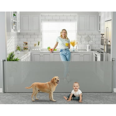 118 inch Retractable Baby Gates Extra Wide for Large Opening DynaBliss Retractable Baby Gate for Stairs Doorway Extra Long Dog Gate Adjustable Large Pet Gates for Dogs Indoor Mesh Child Gate (Gray)