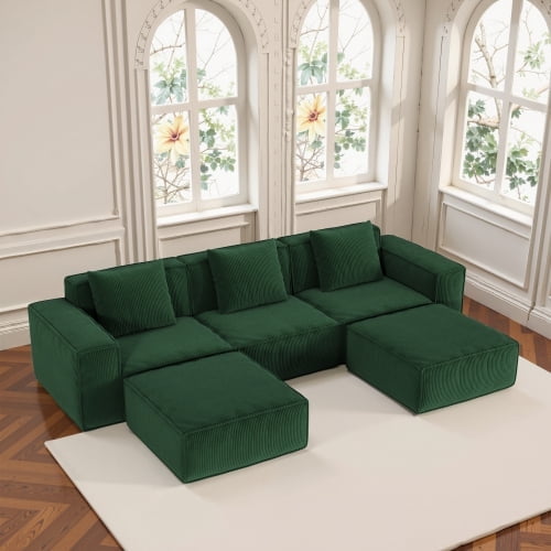 118-inch modular sofa can be converted into an oversized sofa bed Free conversion sofa set flexible configuration, soft corduroy cloud velvet fabric Three-person combination with two footrest green