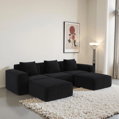 118-inch modular sofa can be converted into an oversized sofa bed Free conversion sofa set flexible configuration, soft corduroy cloud velvet fabric Three-person combination with two footrest black