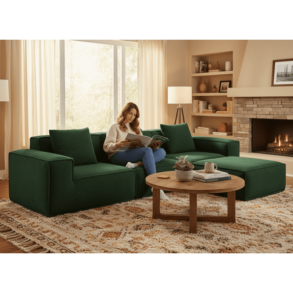 118-inch modular sofa can be converted into an sofa bed Free conversion sofa set flexible configuration, soft cloud velvet fabric Three-person combination with footrest -green