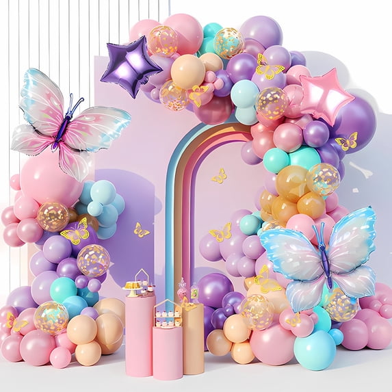 Mxdfafa 118-piece Butterfly Pink and Purple Themed Balloon Arch Set. Perfect for birthday and festival decorations, suitable for girls, ladies, Mother's Day and other festivals.
