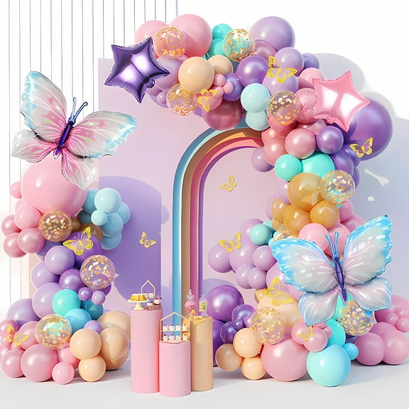 118-piece Butterfly Pink and Purple Themed Balloon Arch Set. Perfect for birthday and festival decorations, suitable for girls, ladies, Mother's Day and other festivals.