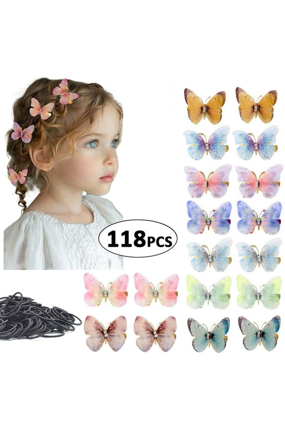 118PCS Butterfly Hair Clips Ties Set for Girls - Cute Hair Accessories for Toddlers Kids Teens Women