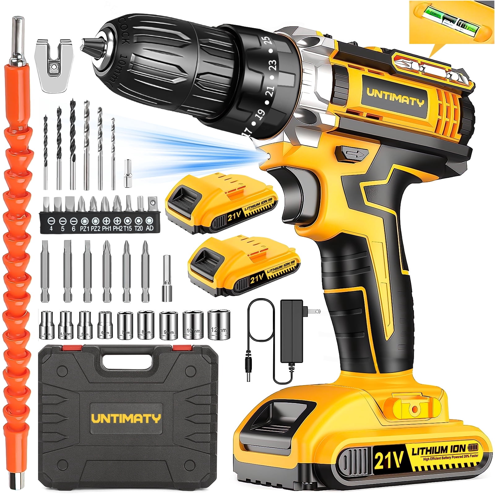 UNTIMATY 21V Cordless Power Drill Set with Battery and Charger, Electric Drill Driver Kit with Drill/Driver Bits and Work Light, 3/8" Keyless Chuck, 2-Speed 25+