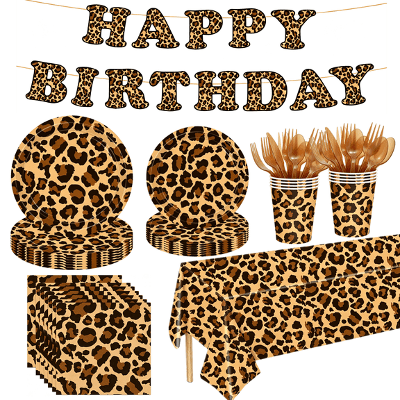 118Pcs Leopard Print Birthday Party Decorations, Jungle Animal Theme Tableware, Include Plates, Napkins, Cups, Banner, Tablecloth, Cutlery, Animal Cheetah Print Birthday Party Supplies Serve 16