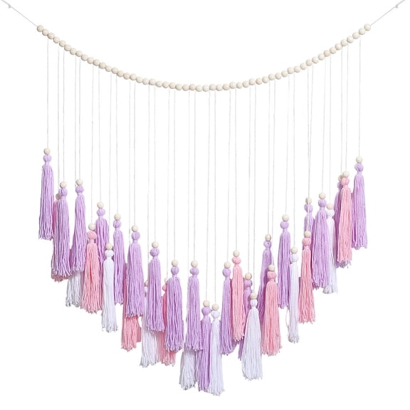 118cm Large Pink Macrame Wall Hanging Boho Blush White Tassel Garland Photo Display Wall Decor with Natural Cotton and Wood Beads for DIY