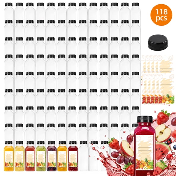 118pcs Refillable Travel Bottles, Plastic Juice Bottles with Lids 12 OZ, Empty juice Bottles, Reusable Plastic Juice Bottles, Clear Juice Bottles with Caps for Juice Bottles for Travel