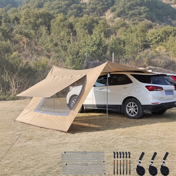118x196in Car Side Awning with Pole Outdoor Camping Tent Tarp Waterproof Canopy Shade Sun Shelter with mesh