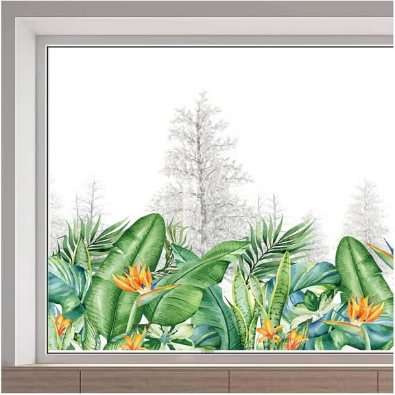 118x39cm Large Banana Leaves Window Clings Self Adhesive Tropical Plant Green Leaves Flowers Window Decals Double-Sided Transparent Stained Window Sticker for Glass Sliding Door