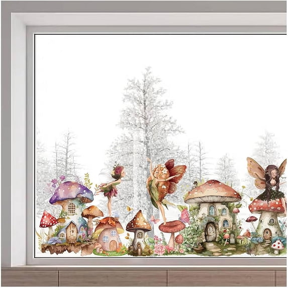 118x39cm Large Forest Mushroom Fairy Window Clings Mushroom House Static Window Stickers Elf Flower Grass Butterflies Window Decals Double-Sided Window Film for Glass Sliding Door Decor