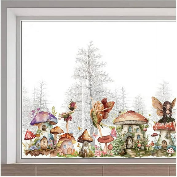 118x39cm Large Forest Mushroom Fairy Window Clings Mushroom House Static Window Stickers Elf Flower Grass Butterflies Window Decals Double-Sided Window Film for Glass Sliding Door Decor