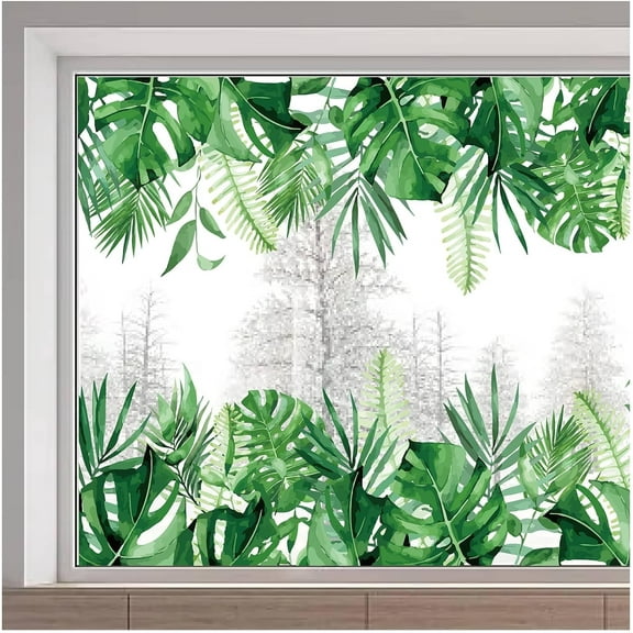 118x39cm Large Green Leaf Window Stickers Tropical Plant Leaves Window Decals Static Non Adhesive Palm Tree Monstera Fern Leaf Decal for Glass Sliding Door Anti-Collision Summer Home Decor