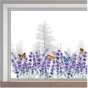 118x39cm Lavender Window Clings Summer Purple Flowers Grass Butterfly Static Window Decals Non Adhesive Double-Sided Transparent Stained Window Sticker for Glass Sliding Door Anti-Collision