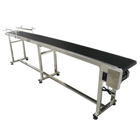 118x7.8 Inch PVC Belt Conveyor Industrial Flat Belt Transport Machine Adjustable Speed with Double Guardrail 110V Stainless Steel Black