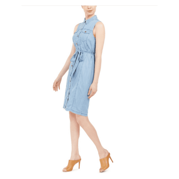 $119.00 Calvin Klein Tie Waist Sleeveless Denim Shirt Dress, Blue Lyocell, 4