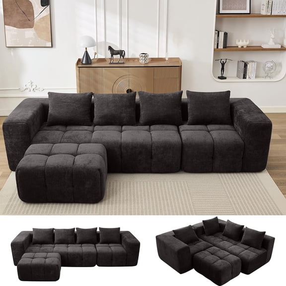 119" Boneless Couch, Cloud Sectional Couch with Deep Seat, High-Density Memory Foam and Chaise, Sectional L Shaped Sofa, Boneless Couches for Living Room, No Assembly Required Tufted Sofa, Dark Gray