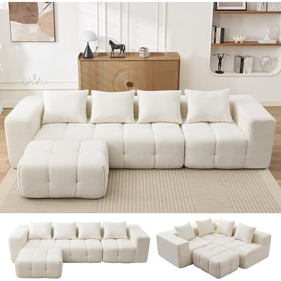 119" Boneless Couch, Cloud Sectional Couch with Deep Seat, High-Density Memory Foam and Chaise, Sectional L Shaped Sofa, Boneless Couches for Living Room, No Assembly Required Tufted Sofa, Beige