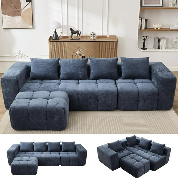 119" Cloud Modular Sectional Sofa, Oversized Boneless Couch with Deep Seats and Chaise, High-Density Memory Foam Tufted Couch for Living Room, No Assembly Required, Blue