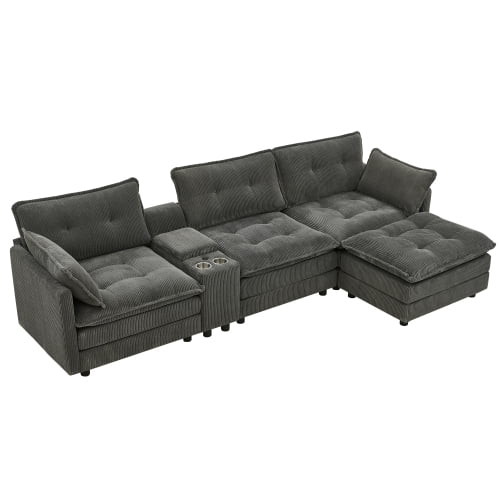 119" L-Shaped Oversized Corduroy Modular Sectional Sofa with Ottoman and Console, 4-Seater Couch with USB and Cup Holders, Easy Assembly for Living Room, Grey