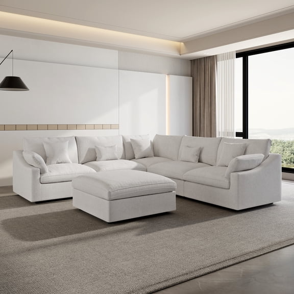 119" Oversized Modern L-Shaped Sectional Couch Set with Movable Ottomans, Modular Chenille Linen Blend Fabric Deep Seat Couches for Living Room, Apartment, Office, 5 Seat White Couch