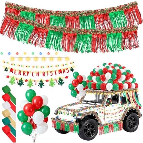 119 Pcs LED Christmas Parade Float Large Car Decoration Kit Colored Light String Christmas Decoration Flag Float Rain Curtain Colored Crepe Paper Balloon for Trailer Parade Party Decor