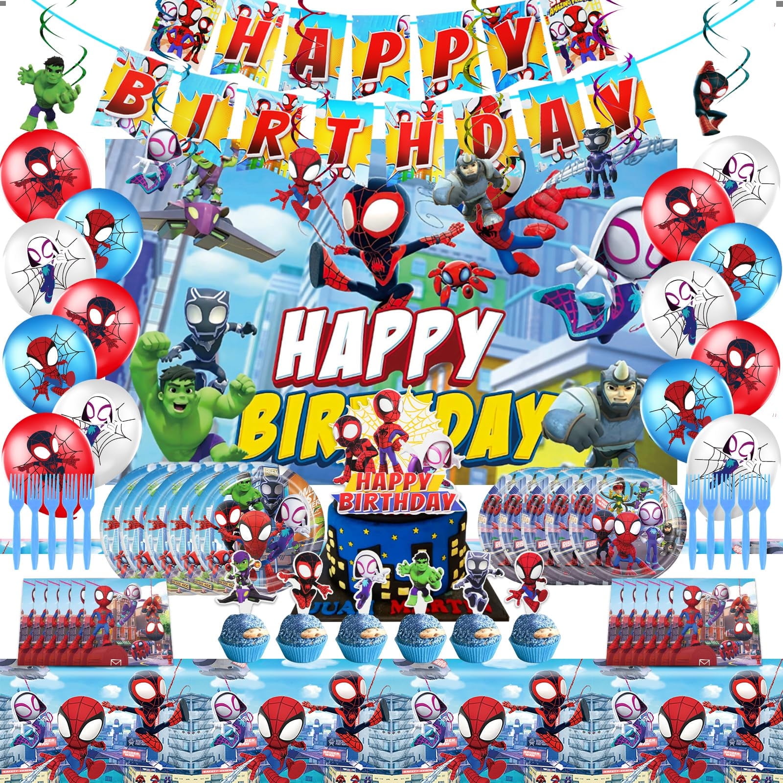 119 hero birthday party decorations, banners, background posters, card inserts, banners, balloons, tablecloths, plates, napkins, forks, cake hats, birthday party decorations