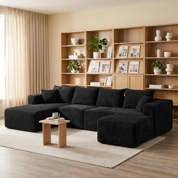 119-inch Extra-Large Cloud Boneless Sofa, Modern Corduroy U-Shaped Modular Sofa Set, Deep-Seat Design, Includes Footstool, No Assembly Required, Black (Left Chaise)