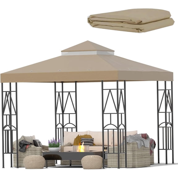 119''x119'' Canopy Replacement Top Double Tiered Gazebo Cover for Yard, Patio & Garden Durable Sunshade Replacement(No Frame)(Khaki)