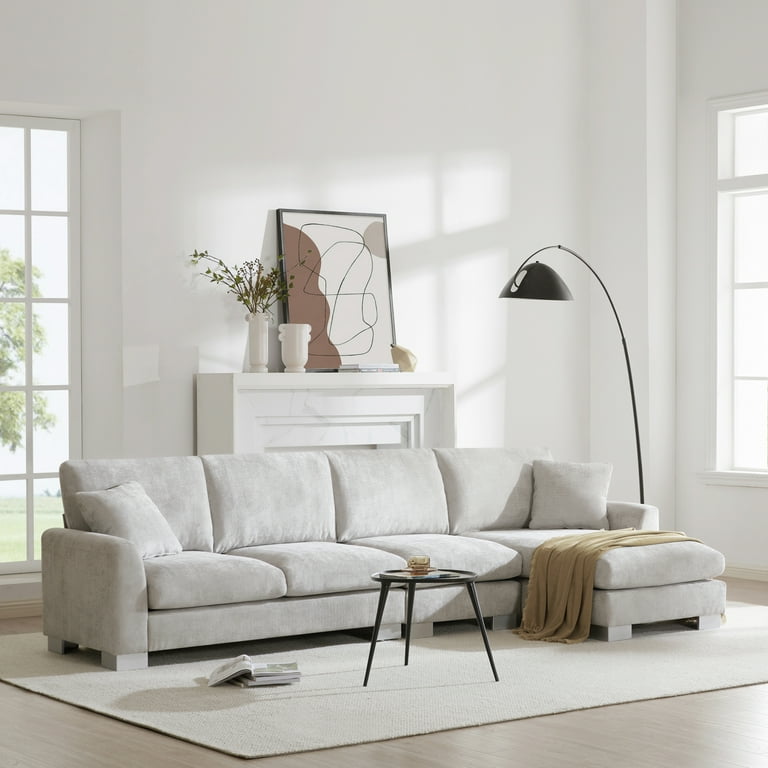 119 55 Modern Oversized Sectional Sofa L Shaped Luxury Couch Set with 2 Free Pillows 5 Seat Chenille Couch with Chaise Grey