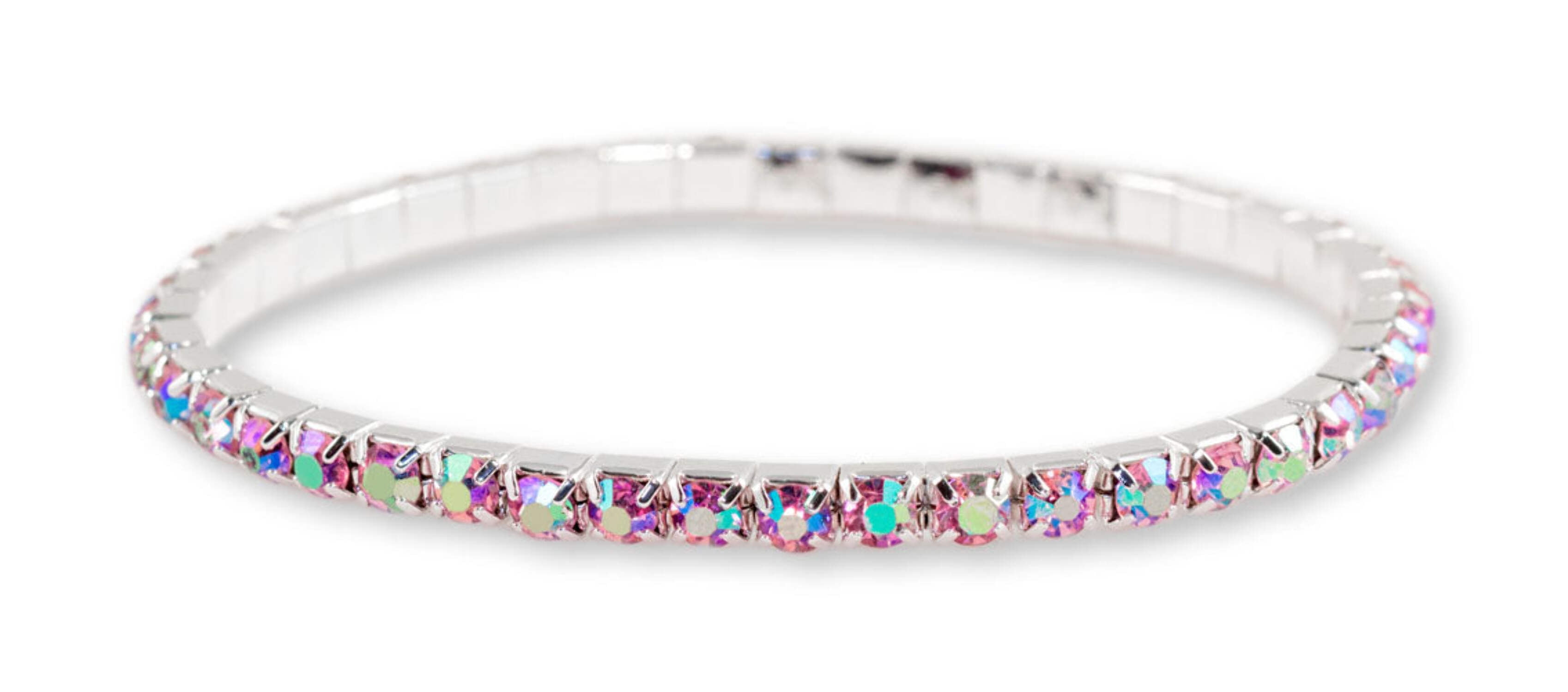 #11950 Single Row Stretch Rhinestone Bracelet - Rose AB Crystal Silver