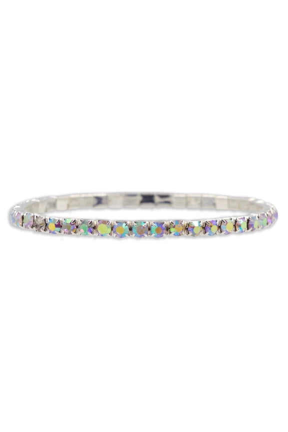 #11950ABS Single Row Stretch Rhinestone Bracelet - (Iridescent Stones) AB Silver
