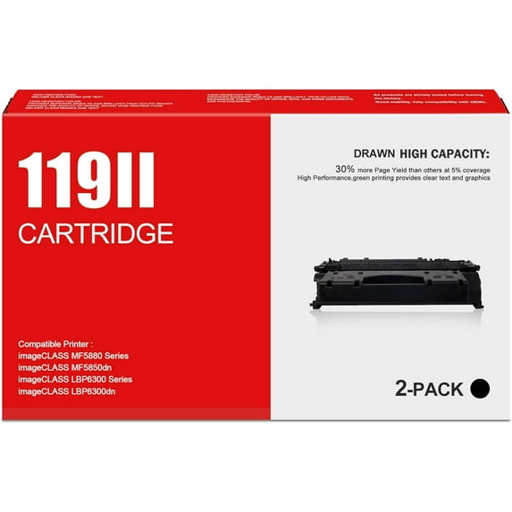 119II Black High Yield Toner 2 Pack Toner Cartridge Replacement for Canon imageCLASS MF5880 MF5900 MF6100 MF410 LBP6300 LBP250 Series Printers | 3480B001AA