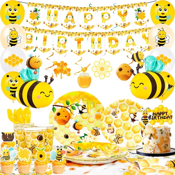 119Pcs Bee Birthday Party Supplies Set, All-in-One Decor & Tableware Kit with Plates, Cups, Napkins, Tablecloth, Banner, Balloons and Cake Toppers for Bee Birthday Party