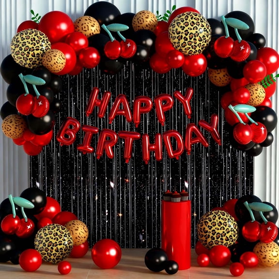 119Pcs Red Cheetah Print Birthday Decorations Balloons Kit, Black Red Cherry Leopard Print Balloons Birthday Foil Banner and Laser Fringe Curtain for Girls Women