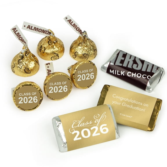 119ct Gold Graduation Class of 2026 Wrapped Miniatures & Stickered Almond Kisses Candy Mix