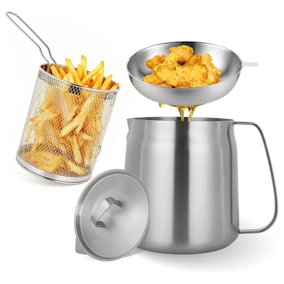 119oz 304 Stainless Steel Deep Fryer Pot 3.5L with Basket and Oil Strainer, Deep Frying Container with Handle, Grease Separator for Kitchen Camping