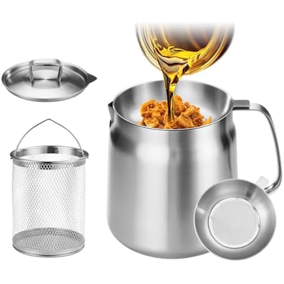 119oz 304 Stainless Steel Deep Fryer Pot with Basket & Strainer, Large Capacity Bacon Grease Container for Kitchen,Frying, Cooking, Camping,Oil Filter Container - Dishwasher Safe (119oz/3.5L/3.7Qt)