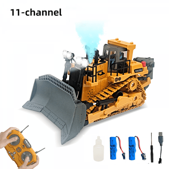 11CH Metal RC Bulldozer for Adults Remote Control Construction Vehicle with Spray, Lights & Sound, Track Type Tractor Toy for Kids Gifts