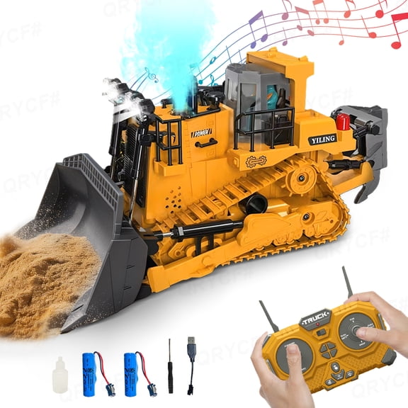 11CH Metal RC Bulldozer for Adults Remote Control Construction Vehicle with Spray, Lights & Sound, Track Type Tractor Toy for Kids Gifts