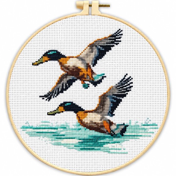 11CT Cross Stitch Kit for Adults Stamped Embroidery Kit with Pre-Printed Fabric Easy Starter DIY Needlework Kit 35x35cm - Two Flying Ducks above Blue Lake