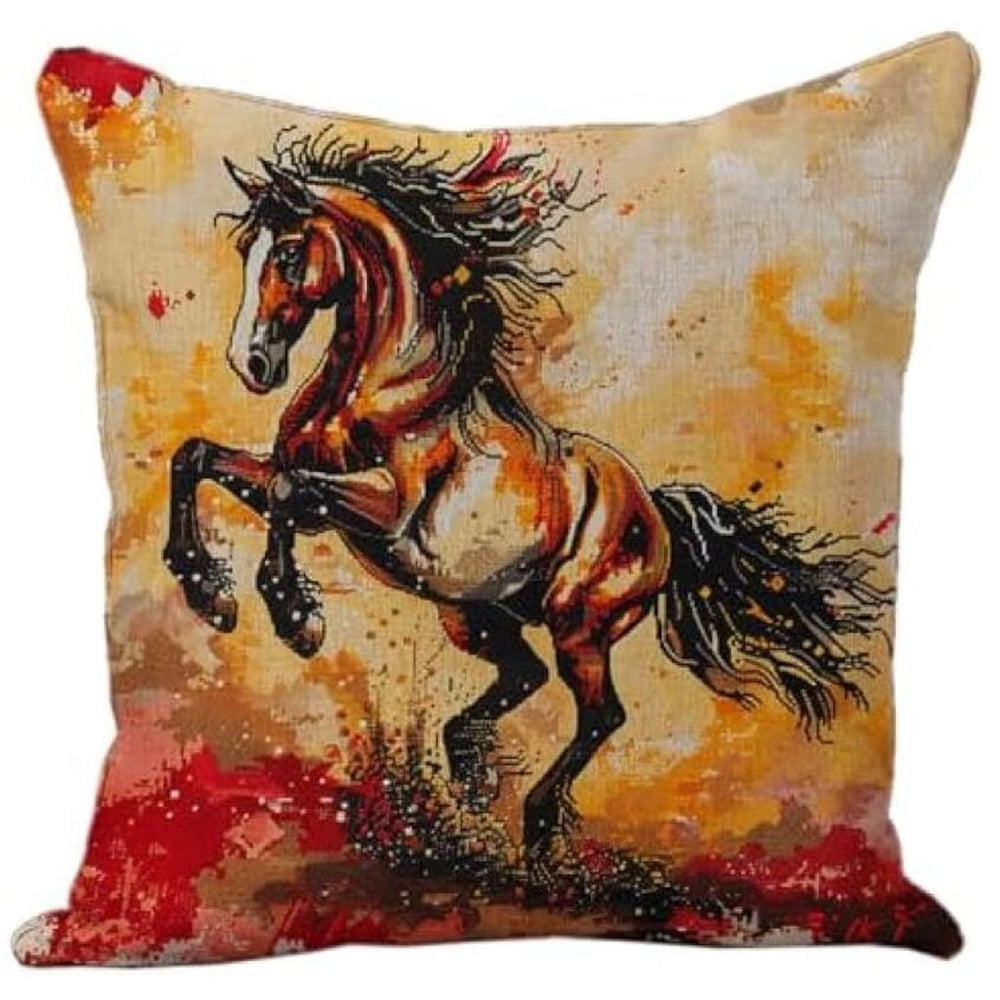 11CT Cross Stitch Pillow Kit Horse Rearing Up Sunset Firech,Cushion Embroidery Kit Cross Stitch Cushion Cover pre Printed Handmade Cushion Cover Kit 17x17in