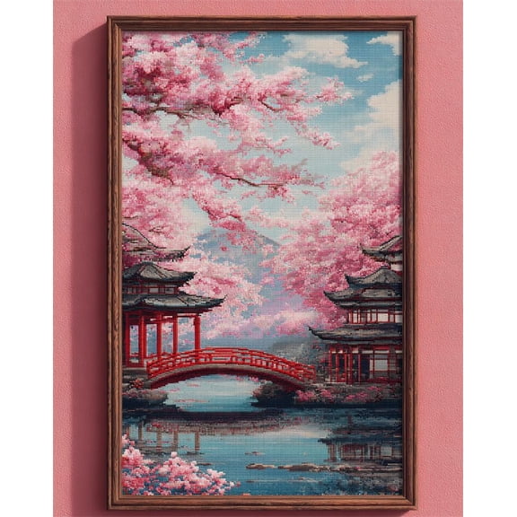 11Ct Cross Stitch, Cherry Blossom Pavilion Scenery 11 Count Counted Stamped Pre Printed Cross Stitch Embroidery Kits For Adults Beginners Starter Advanced Easy Crossstitch Patterns Set Wall