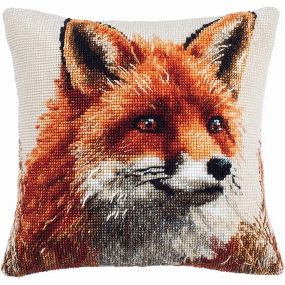11Ct Diy Cross Stitch Cushion Kit Fox With Printed Canvas, Needlepoint Pillow Kit, Embroidery Kit, 17.7X17.7In