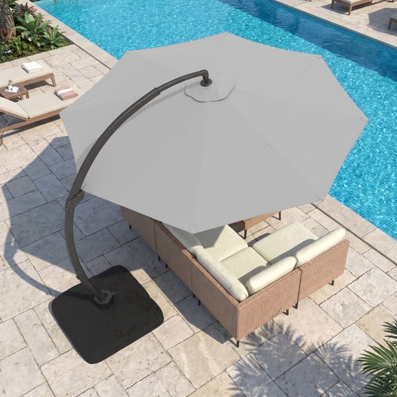 LAZZO 11ft Outdoor Patio Umbrella with Base, Aluminum Offset Cantilever Umbrella for Pool Deck, Gray