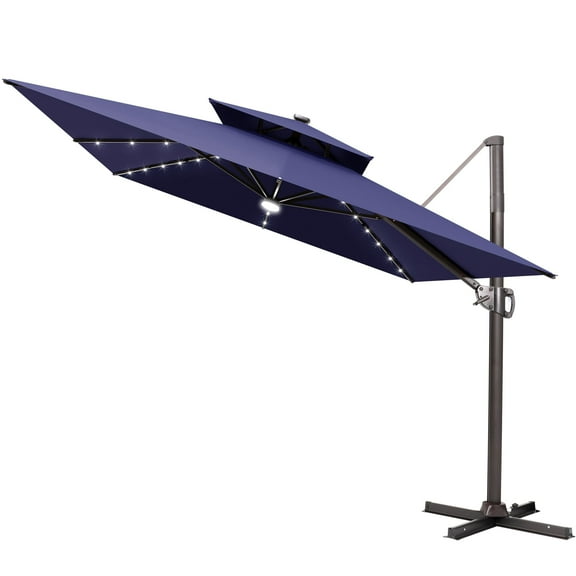 11FT Double Top Cantilever Umbrella Outdoor 360° Rotation 6 Heights Adjustable Offset Umbrella Metal Pole Cantilever Patio Umbrella With Light