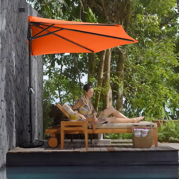 11FT Half Round Umbrella Orange with Crank System for Outdoor Sun Protection