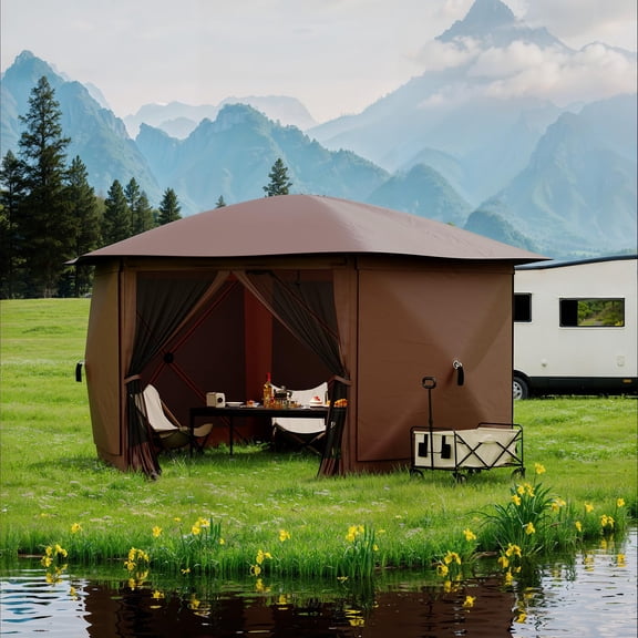 11FT Hexagonal Instant Canopy Tent with Removable Canopy Top. Mosquito Netting and 6 Wind Cloths. Easy One-Push Setup Outdoor Canopy Tent for Patio. Camping and Events. Beige & Khaki