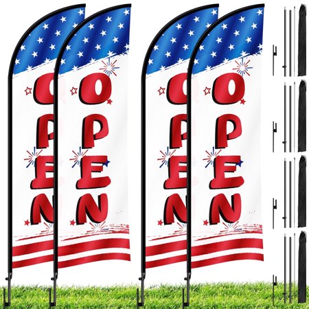 11FT Open Feather Flag with Pole Kit & Ground Stake, 4 Pack Advertising Flags for Outside Businesses and Events Promotion (Red, White & Blue)